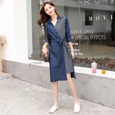 ĐẦM JEAN DENIM CỔ SƠ MI PHỐI SỌC THẮT NƠ EO - NJ922